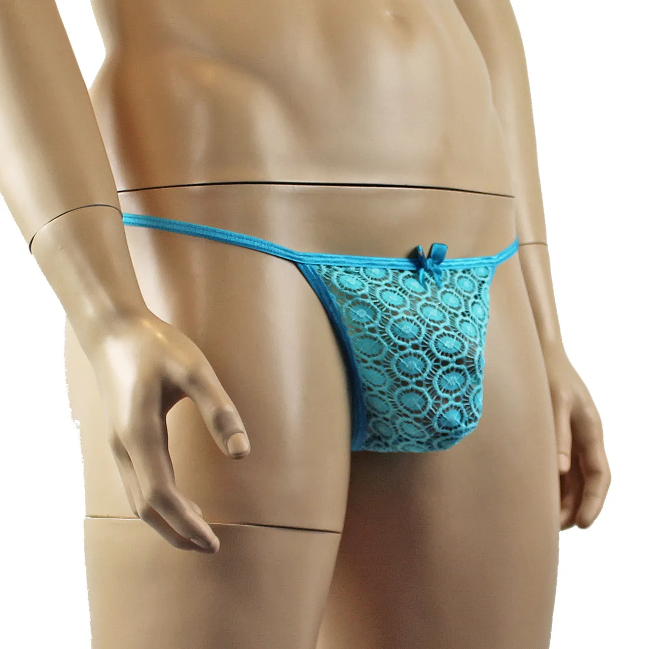 Mens Tease Circle Lace Pouch G string with Cute Bow Front Aqua