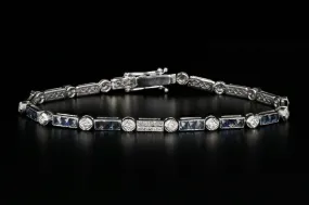 Modern 18K White Gold 3 Carat French Cut Sapphire & Diamond Tennis Bracelet