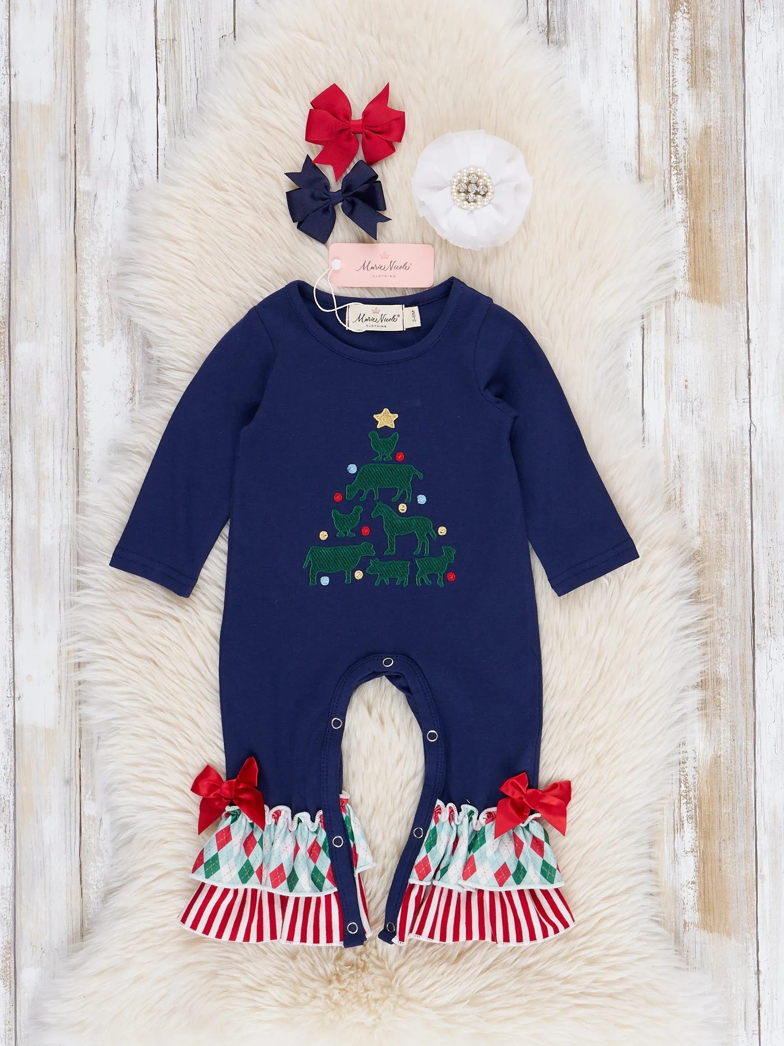 Navy & Red Stripe Embroidered Tree Ruffle Romper