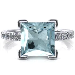 Nefili Princess Aqua Blue Spinel 4 Prong 5/8 Eternity Diamond French Pave Engagement Ring