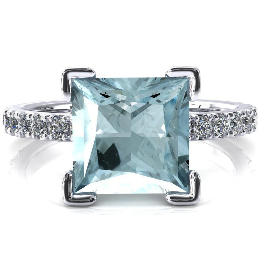 Nefili Princess Aqua Blue Spinel 4 Prong 5/8 Eternity Diamond French Pave Engagement Ring