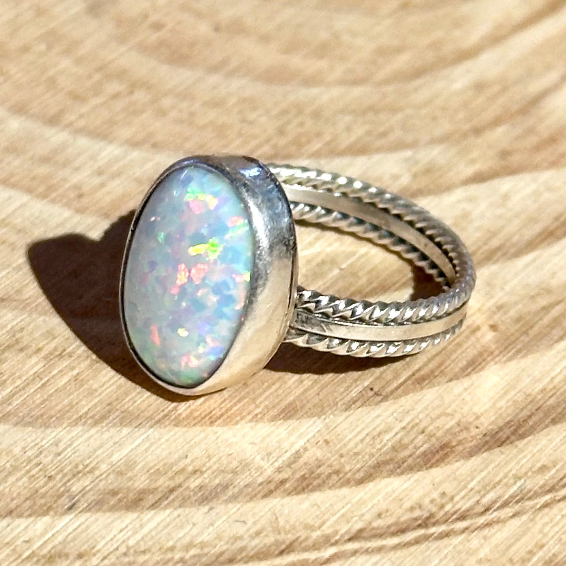 NEW LIGHT Sterling Silver and Lab Opal Navajo Ring • Multiple sizes available