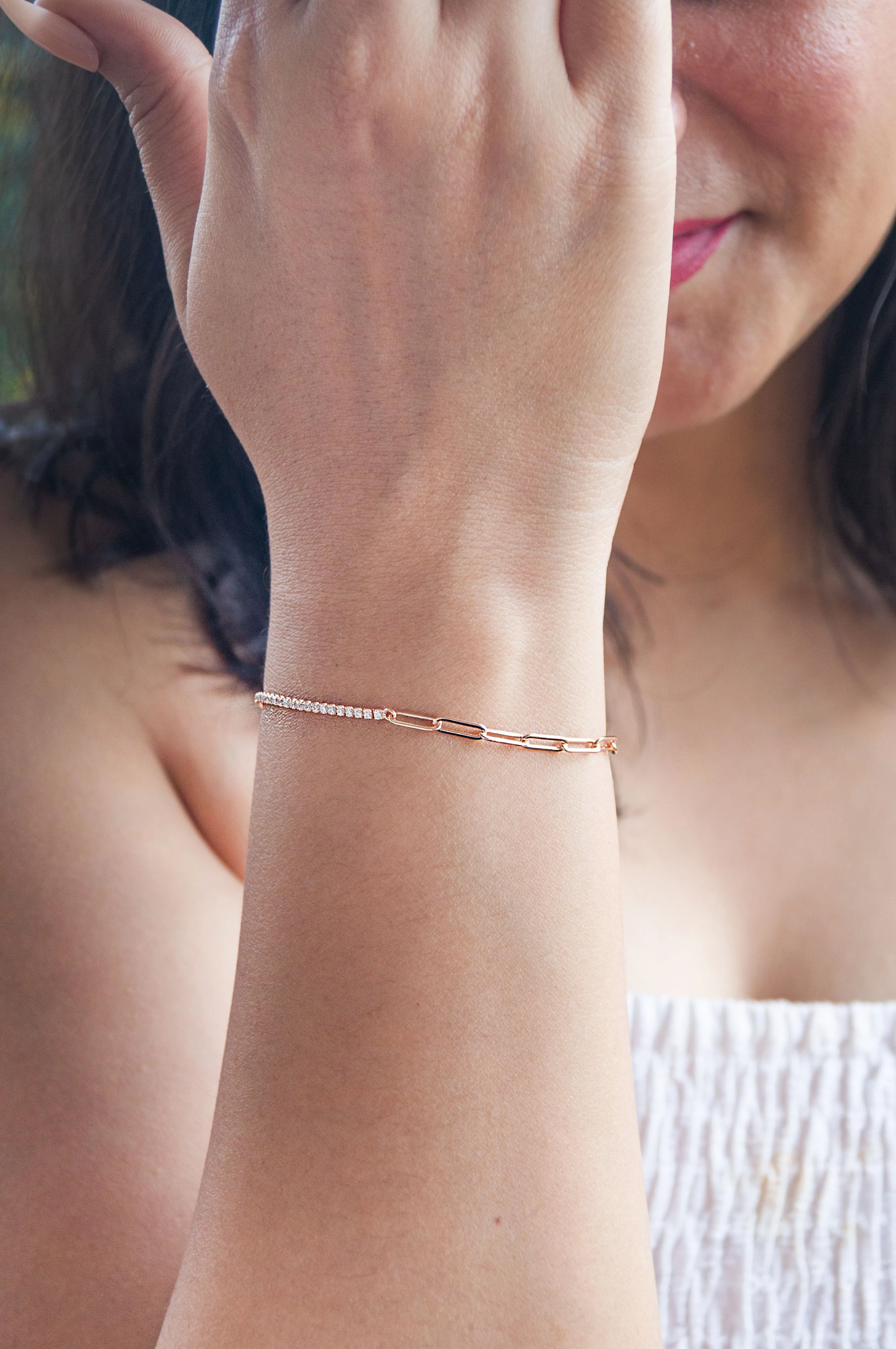 Paper Clip Chain With Eternity Rose Gold Plated Sterling Silver Chain Bracelet