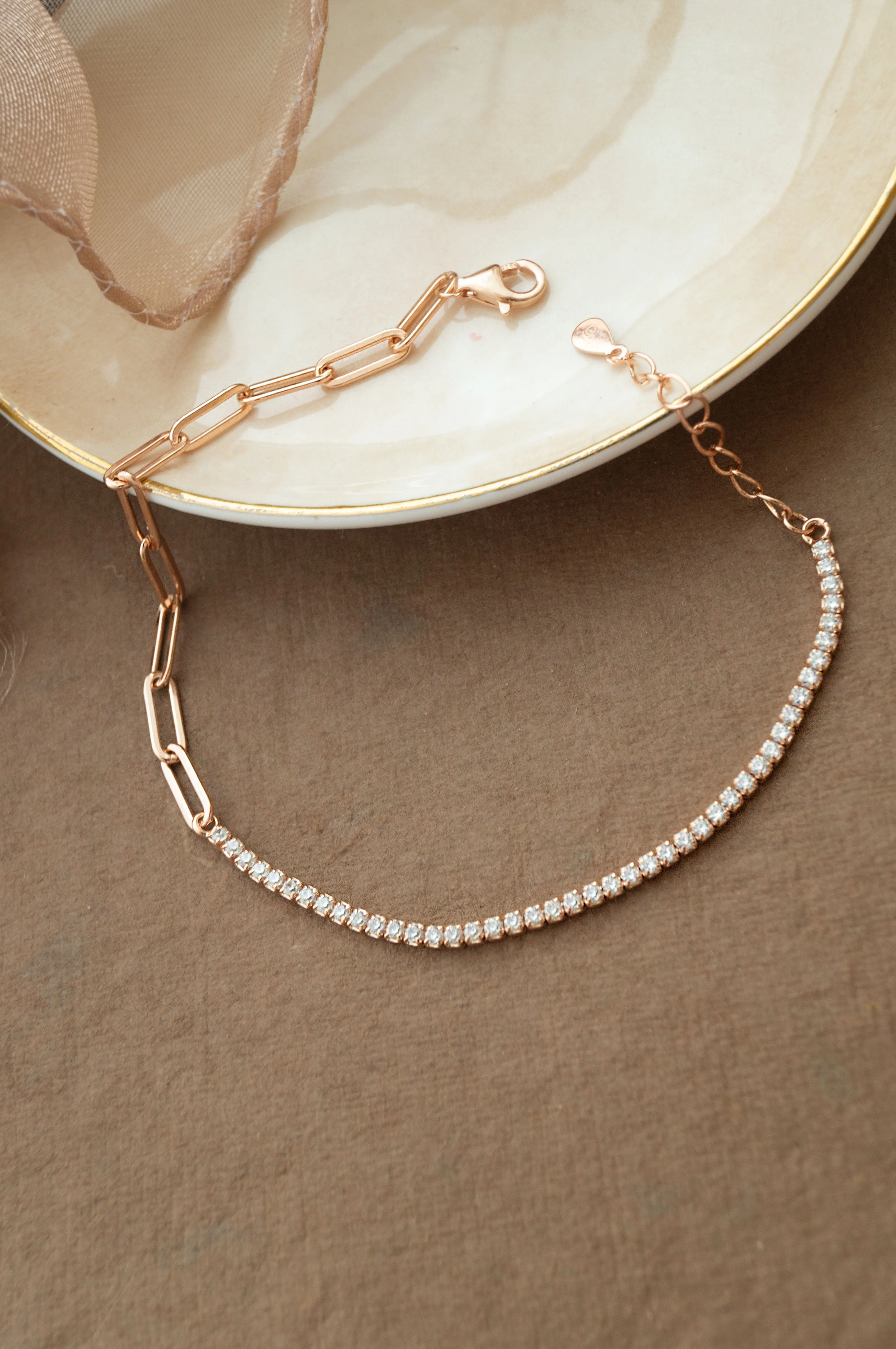 Paper Clip Chain With Eternity Rose Gold Plated Sterling Silver Chain Bracelet