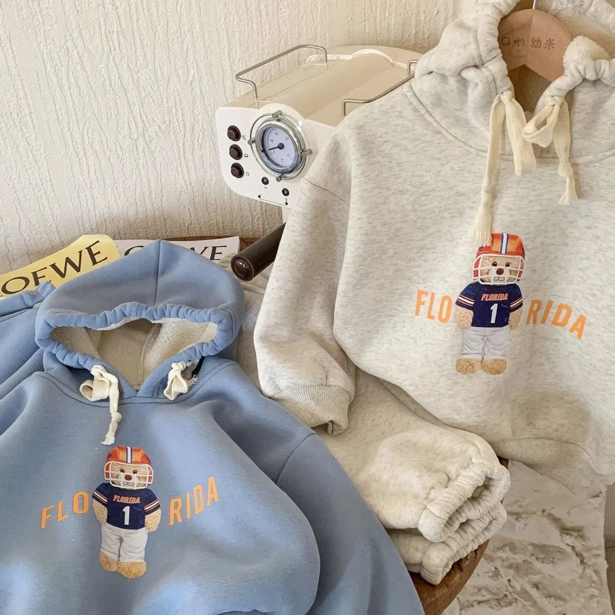 Playful Cartoon Design Hoodie and Joggers Set for Boys in Grey & Blue