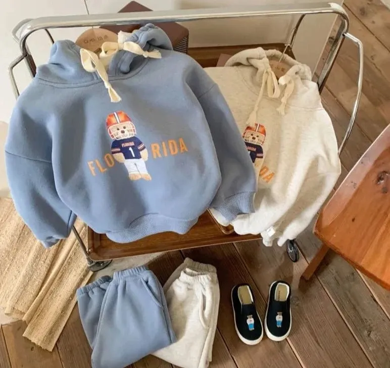 Playful Cartoon Design Hoodie and Joggers Set for Boys in Grey & Blue