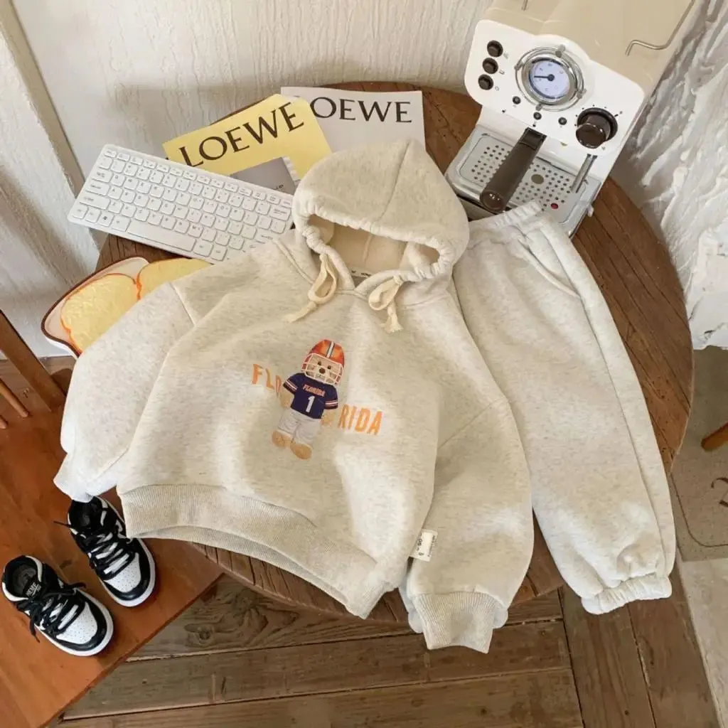 Playful Cartoon Design Hoodie and Joggers Set for Boys in Grey & Blue