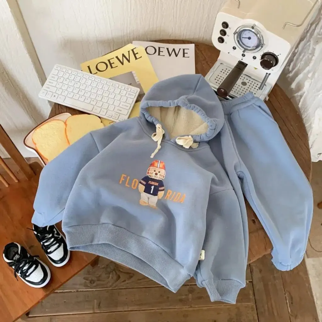 Playful Cartoon Design Hoodie and Joggers Set for Boys in Grey & Blue