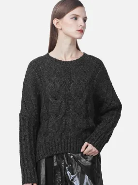 Relaxed Ribbed Crew Neck Crocheted Loose-Knit Sweater