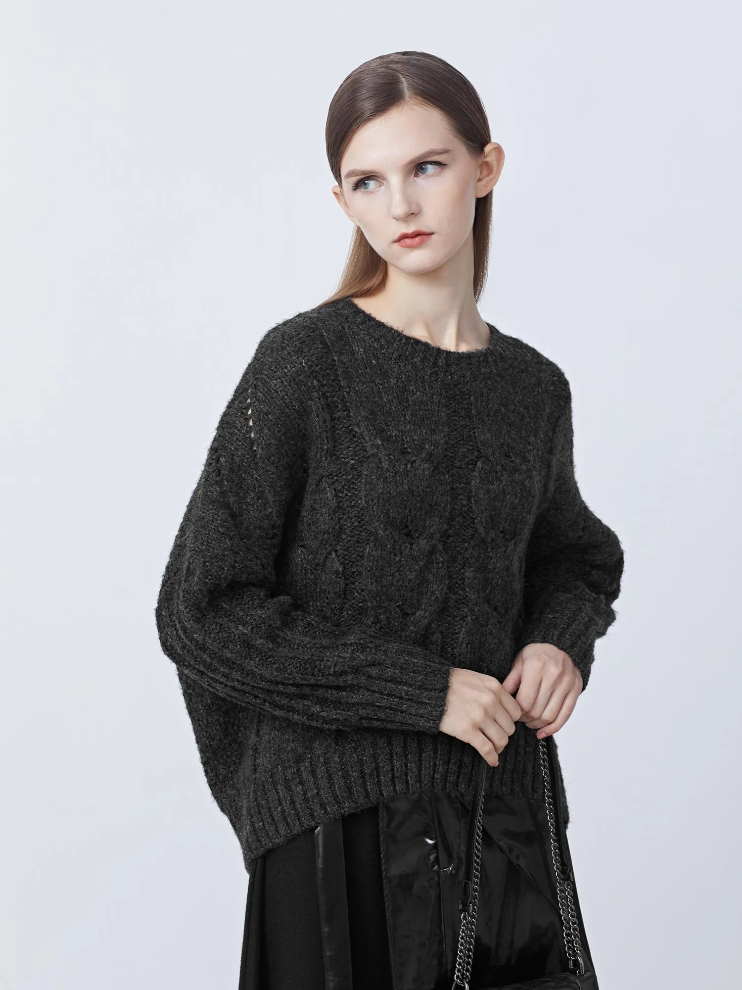 Relaxed Ribbed Crew Neck Crocheted Loose-Knit Sweater