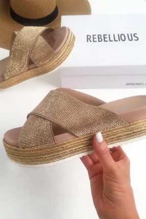 Rose Gold Diamante Flatform Sliders - Clydie