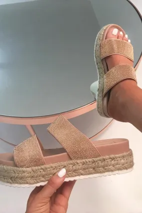 Rose Gold Double Diamante Flatform Sliders - Thaily