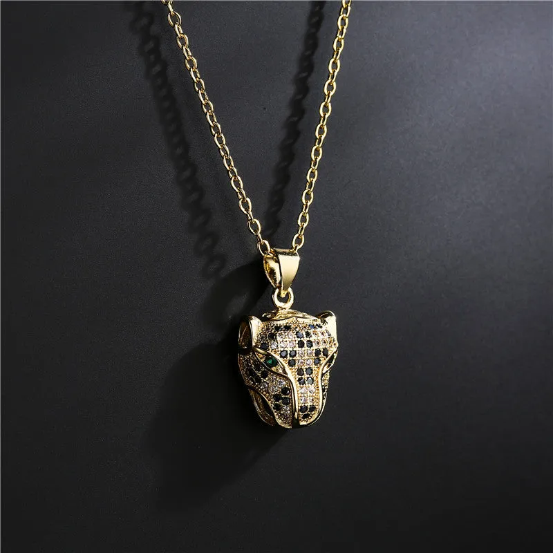 Rose Gold Micro-Pave Leopard Emerald Eyes Pendant Necklace