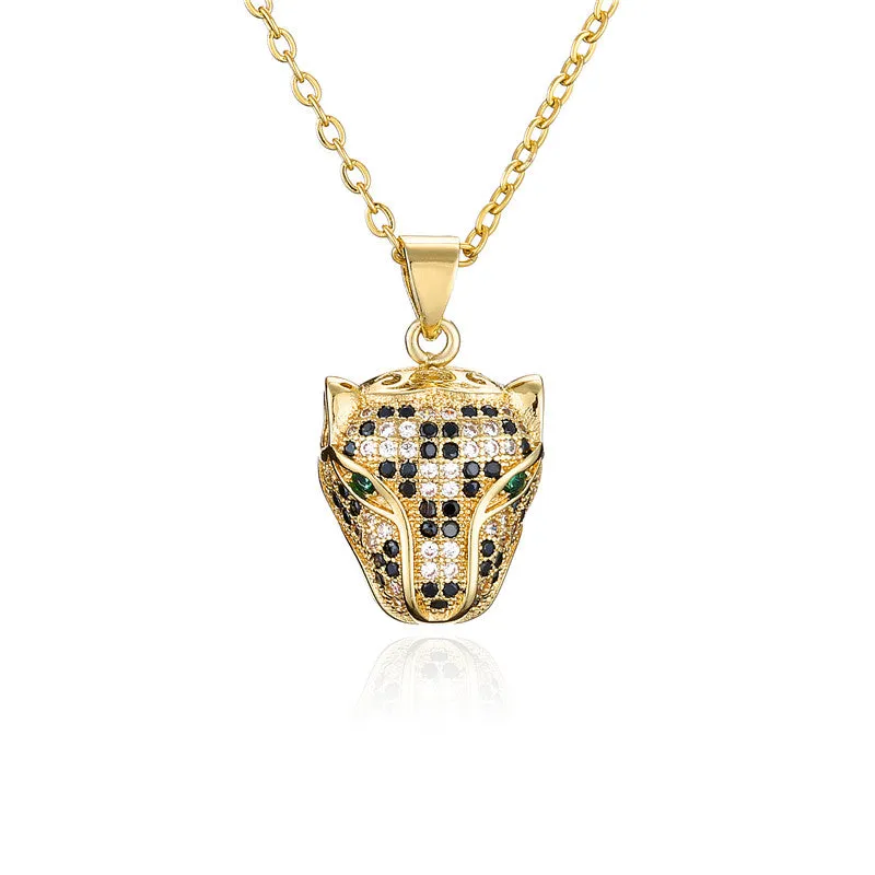 Rose Gold Micro-Pave Leopard Emerald Eyes Pendant Necklace