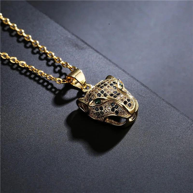 Rose Gold Micro-Pave Leopard Emerald Eyes Pendant Necklace