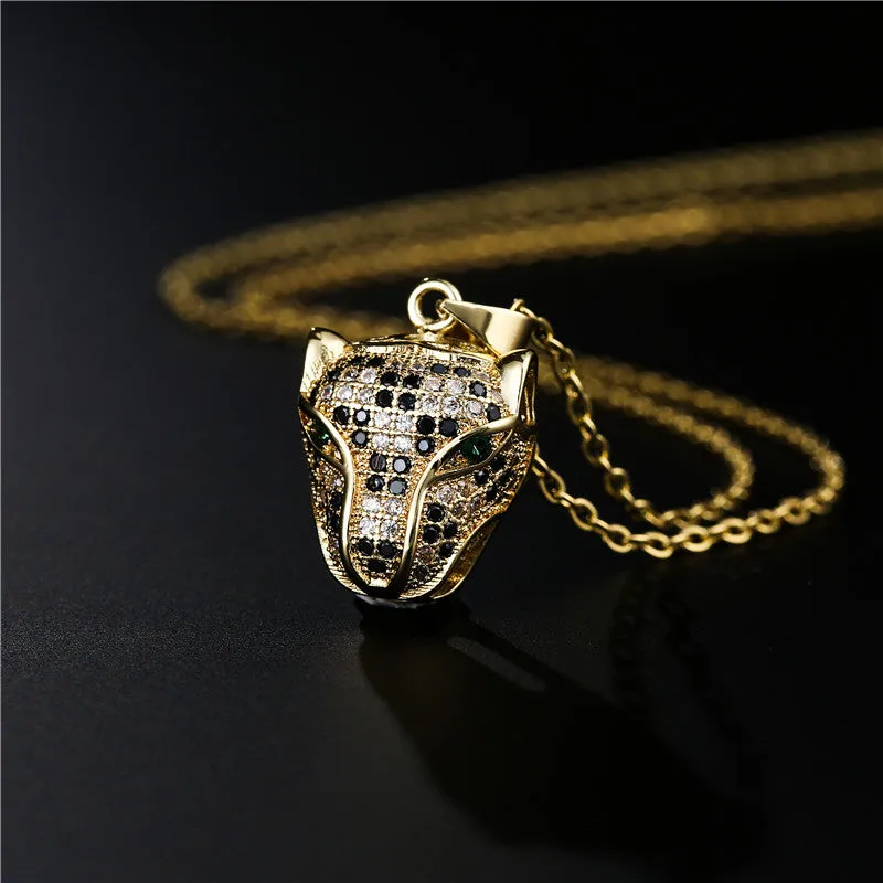 Rose Gold Micro-Pave Leopard Emerald Eyes Pendant Necklace