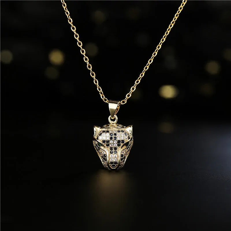 Rose Gold Micro-Pave Leopard Emerald Eyes Pendant Necklace