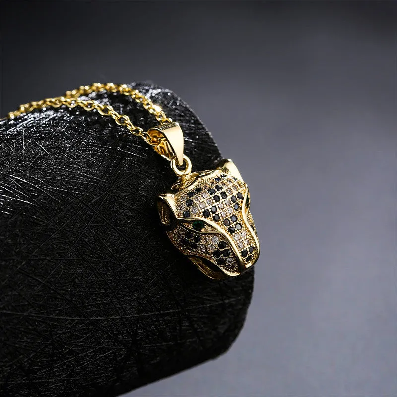 Rose Gold Micro-Pave Leopard Emerald Eyes Pendant Necklace