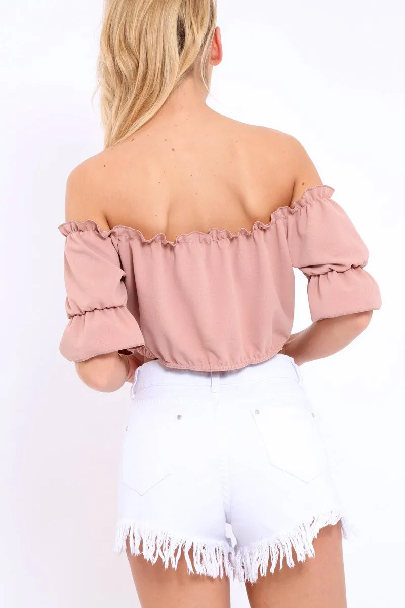 Rose Hook And Eye Bardot Frill Crop Top - Reanna