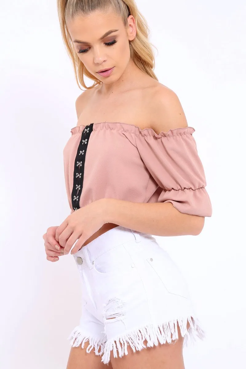 Rose Hook And Eye Bardot Frill Crop Top - Reanna