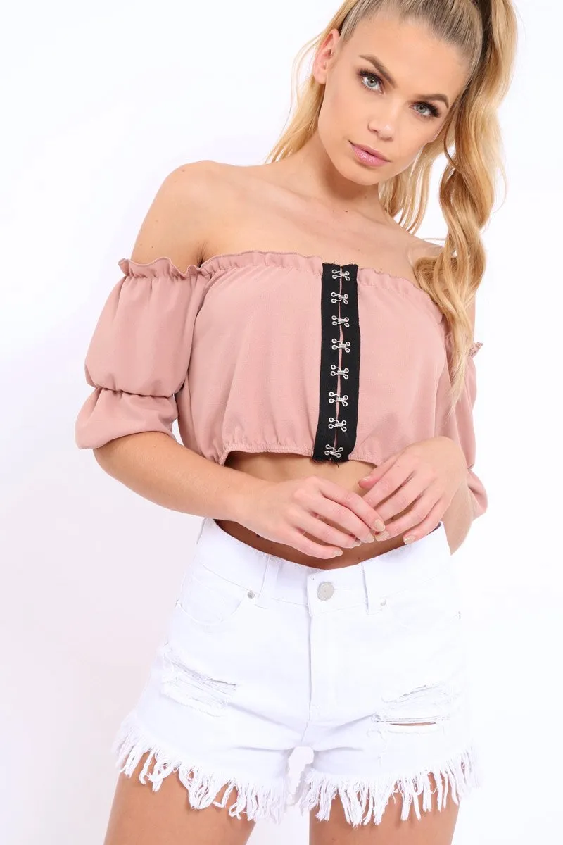 Rose Hook And Eye Bardot Frill Crop Top - Reanna