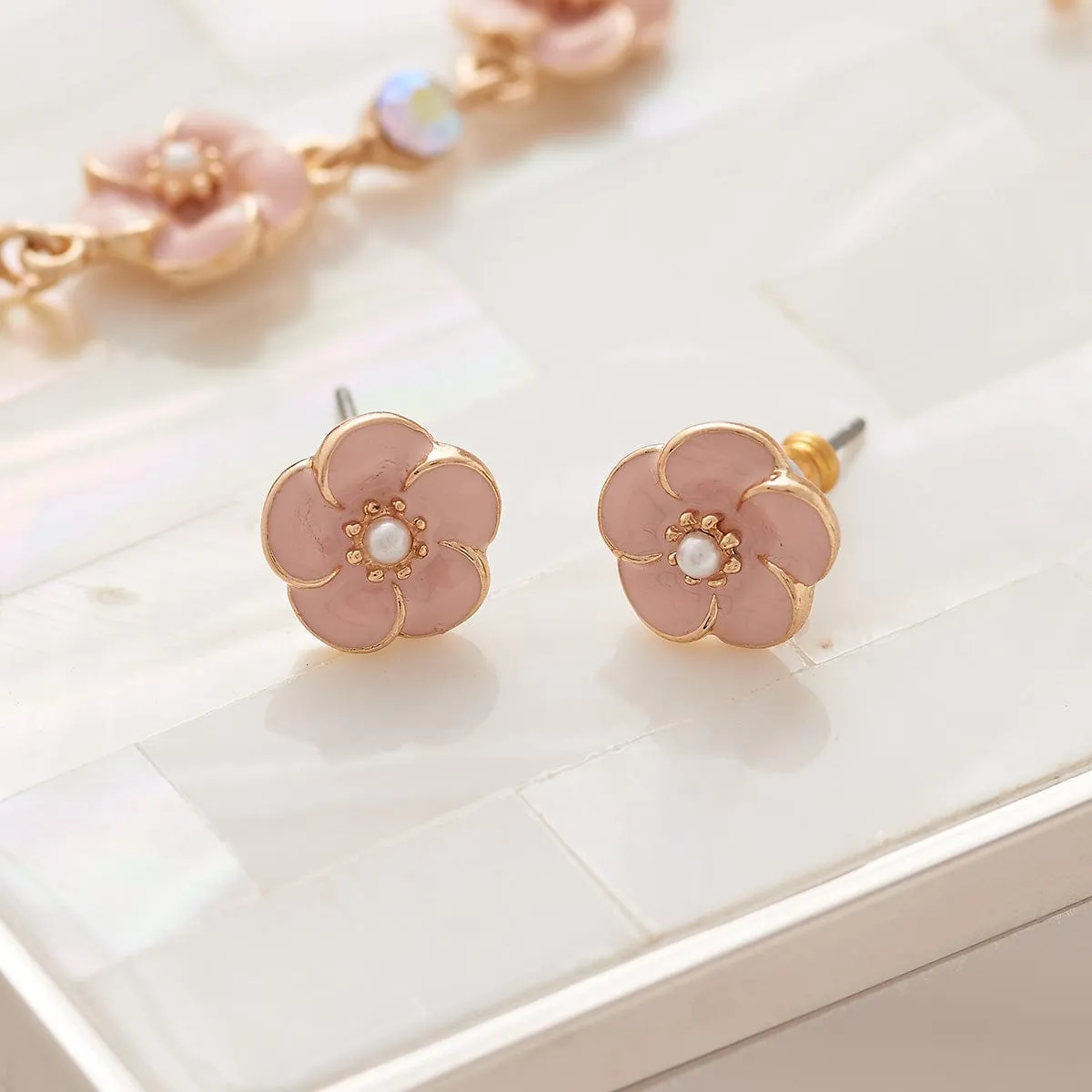 Rose Pearl Earrings: Small Pink Rose And Pearl Studs