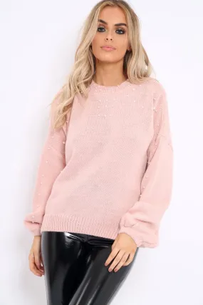 Rose Puff Sleeve Pearl Chunky Knit Jumper - Nancie