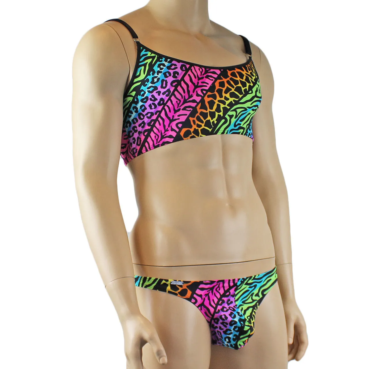 SALE - Mens Festival Animal Bra Top and Low Rise Thong Underwear Multi-coloured