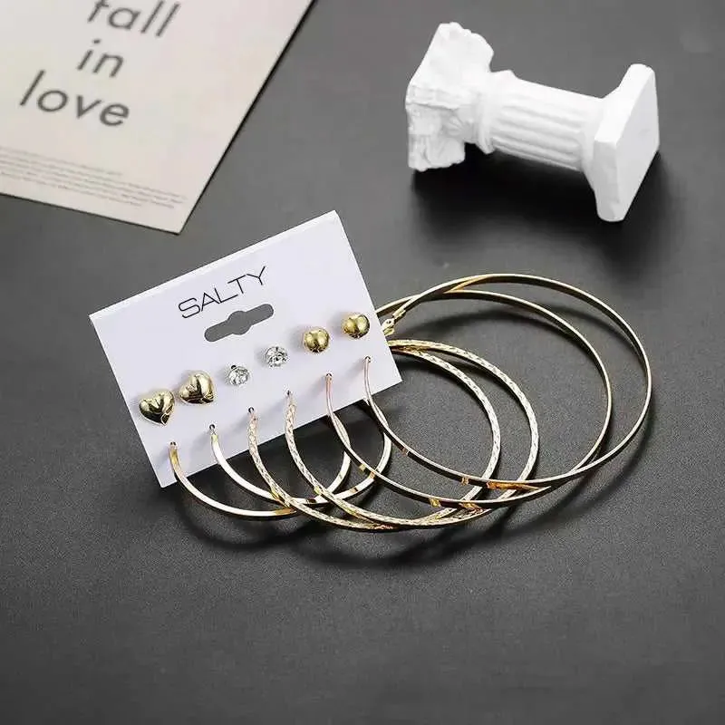 Set of 6 Gold Flat and Textured Hoops with Heart Studs