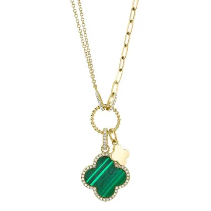 Shy Creation Kate Collection .17CTW Diamond and Malachite Clover Paperclip Link Necklace in 14K Yellow Gold