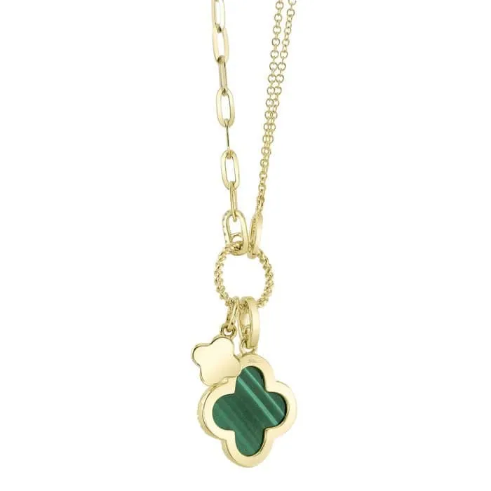 Shy Creation Kate Collection .17CTW Diamond and Malachite Clover Paperclip Link Necklace in 14K Yellow Gold