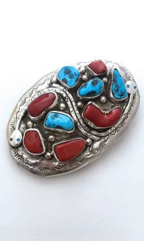 SNAKE CHARMER Silver, Turquoise, & Coral Zuni Belt Buckle