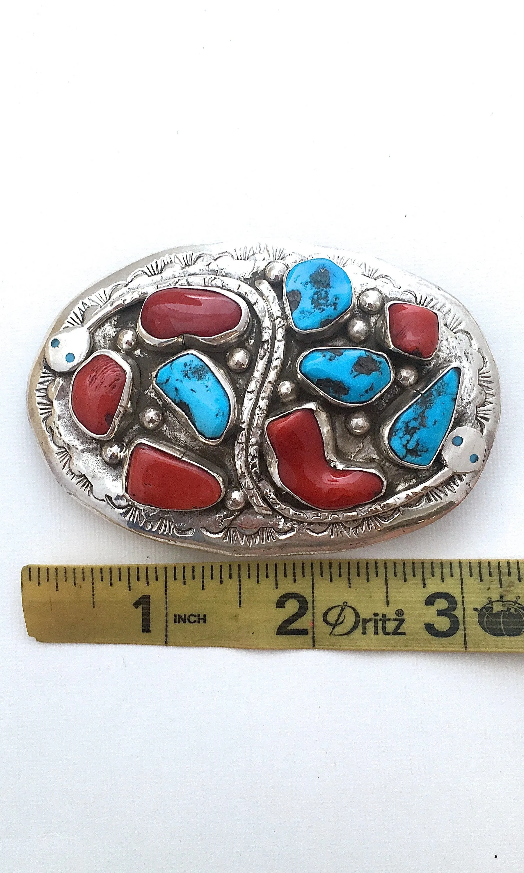 SNAKE CHARMER Silver, Turquoise, & Coral Zuni Belt Buckle