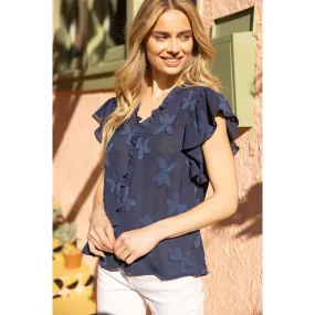 Stevie Navy Ruffle Neck Button Front Floral Burn Out VOY Top