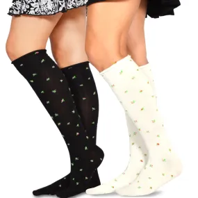 TeeHee Socks Women's Casual Cotton Knee High Rose Bud Roll Top 2-Pack (10766)