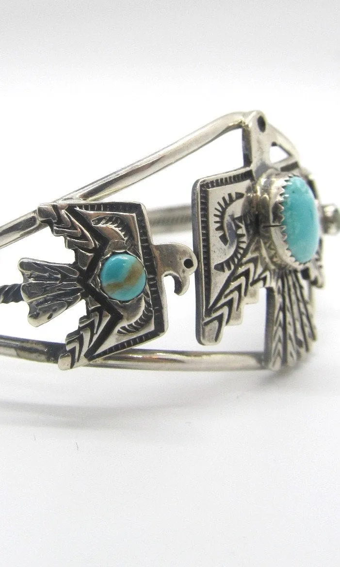 THUNDERBIRD Native American Sterling Silver & Turquoise Thunderbird Cuff Signed Sterling GRHE H