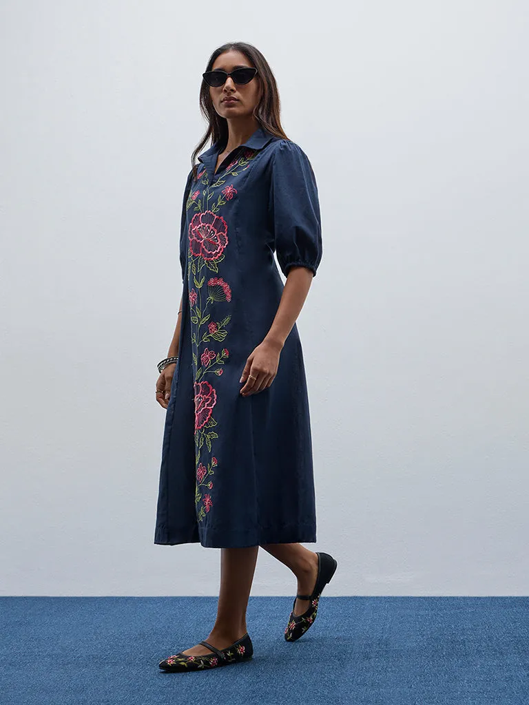 Utsa Navy Embroidered A-Line Cotton Blend Dress