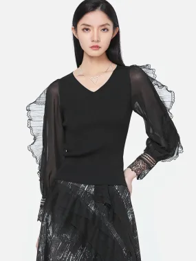 V-Neck Lace-Paneled Slim-Fit Sweater