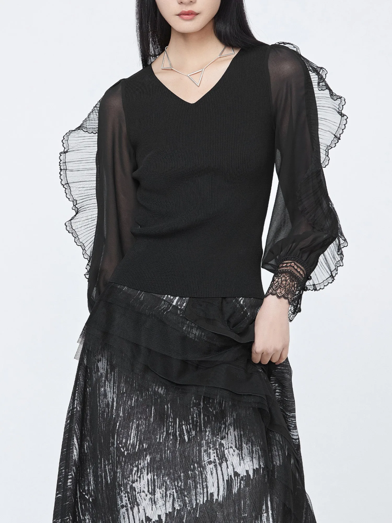 V-Neck Lace-Paneled Slim-Fit Sweater