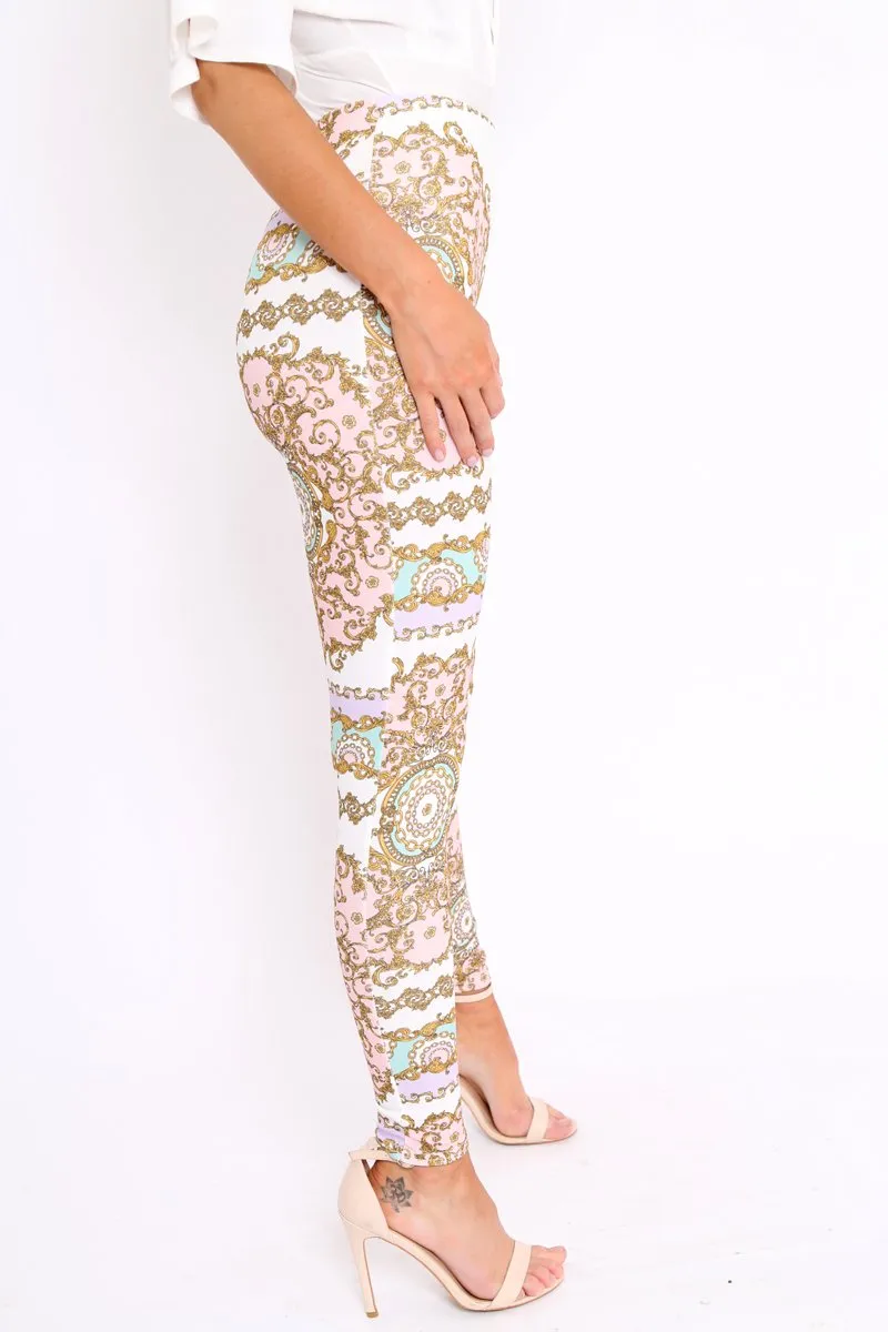 White and Rose Scarf Print Leggings - Lilyan