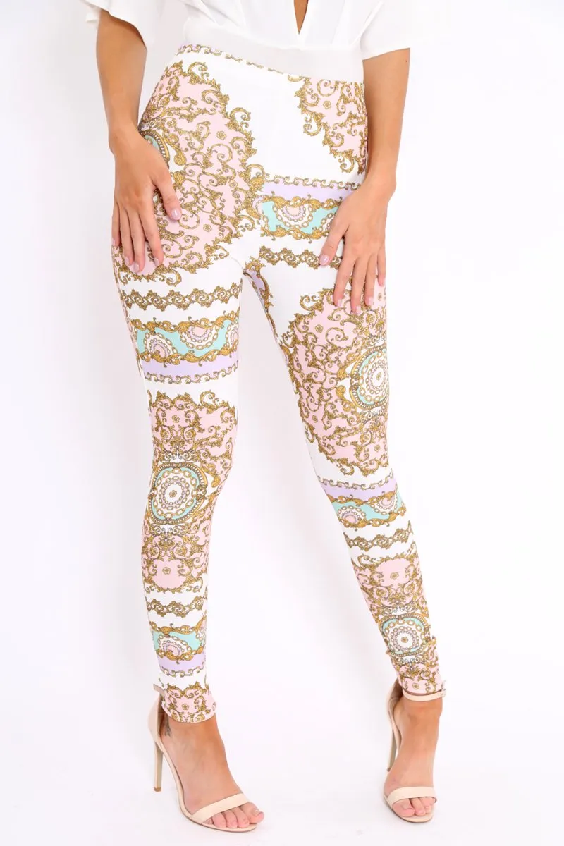 White and Rose Scarf Print Leggings - Lilyan