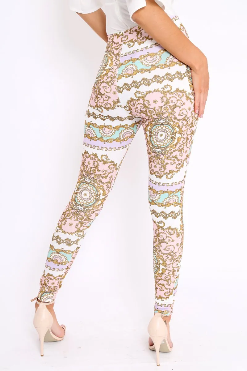 White and Rose Scarf Print Leggings - Lilyan